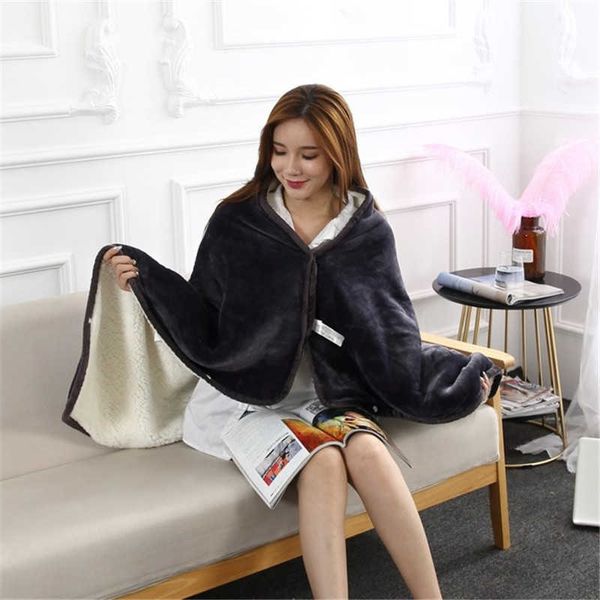 

others apparel 100x150cm big sherpa and fleece tv blanket wfh blanket plush thick sofa potato cloack lazy people home wearing thermal cape t, Black;white