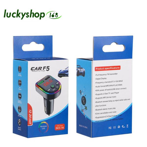 

f6 dual usb car charger wireless auto bt 5.0 fm transmitter handsadapter atmosphere light lamp audio recieiver mp3 player with retail box