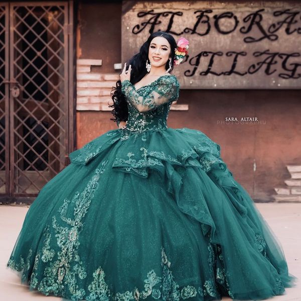 

dark green quinceanera dresses appliqued long sleeve ball gown sweet 16 prom dress lace-up back party wear pageant evening gowns, Blue;red