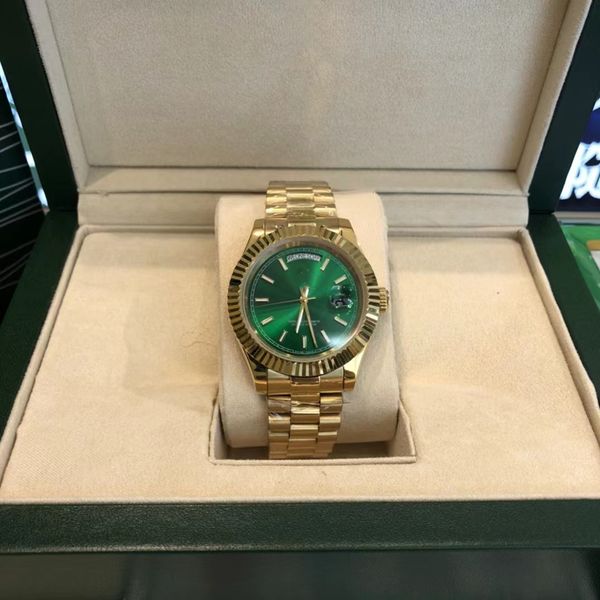 

original box certificate 18k gold president male watches day date diamonds green dial watch men stainless diamond bezel automatic wristwatch, Slivery;brown
