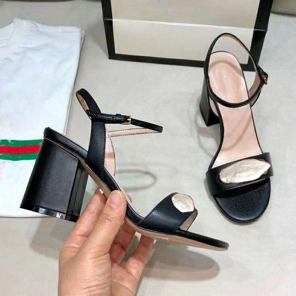 

summer sandals leather women's designer high heels thick-soled casual fashion black one-word buckle belt fairy style office shoes