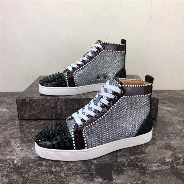 

red-bottoms shoe christians causal shoes size 35-48 fashion studded spikes men women sneakers lace up printed leather high cut trainer nwh, Black