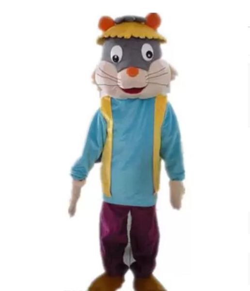 

discount factory sale a cat mascot costume with a blue shirt and a hat for to wear, Red;yellow