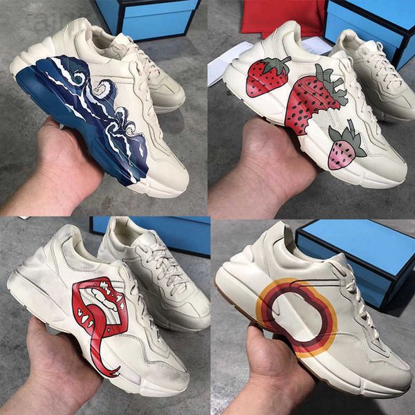 

rhyton leather sneaker mens designer shoes with strawberry wave mouth tiger web print luxury vintage trainer women designer shoes, Black