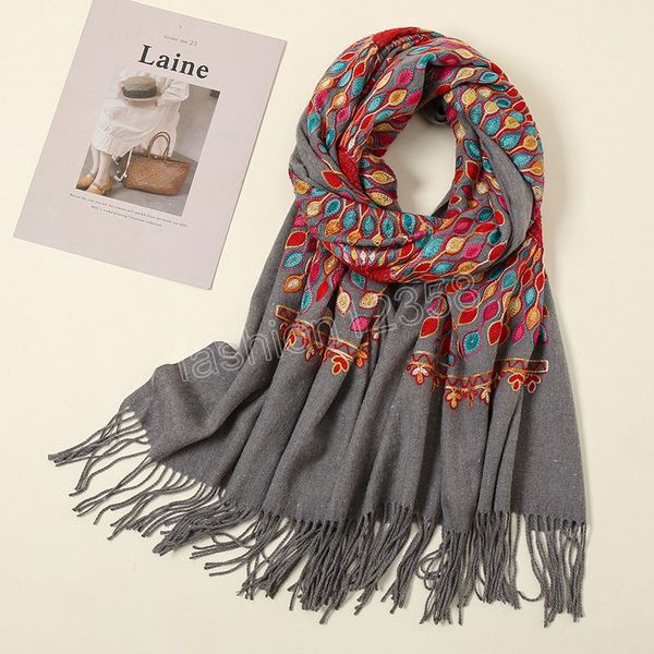 

fashion thick cashmere scarf embroidery women lurury brand maxi pashmina shawl tassels flower stoles foulard headscarf wraps, Blue;gray