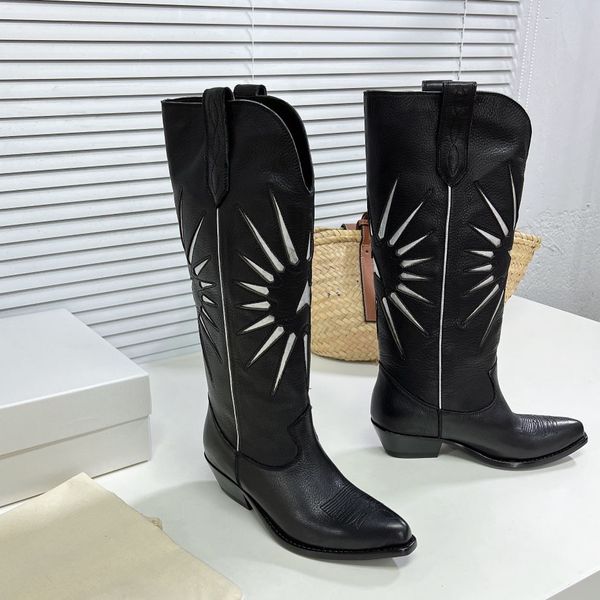

embroidered design western cowboy boots cuban heel wish star mid-calf boots pointed toe slip-on style knight booties luxury designers shoe f, Black