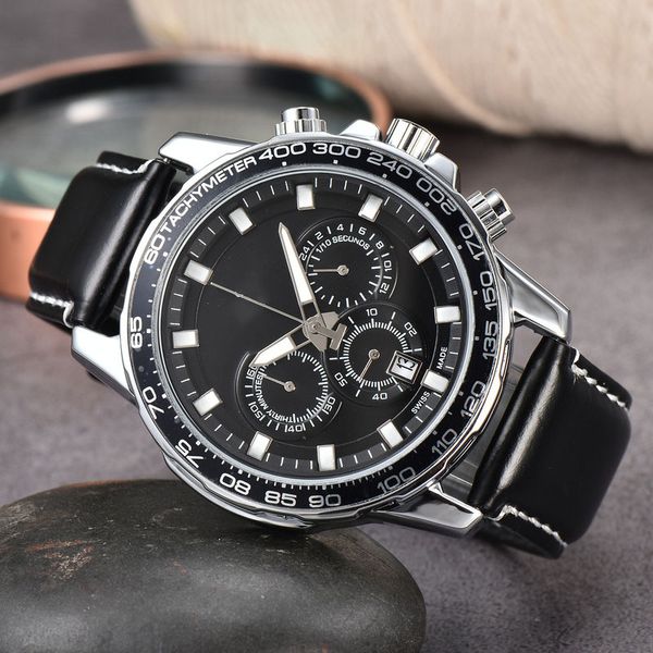 

2022 men's quartz watch fashion business multi-function calendar timing belt watches, Slivery;brown