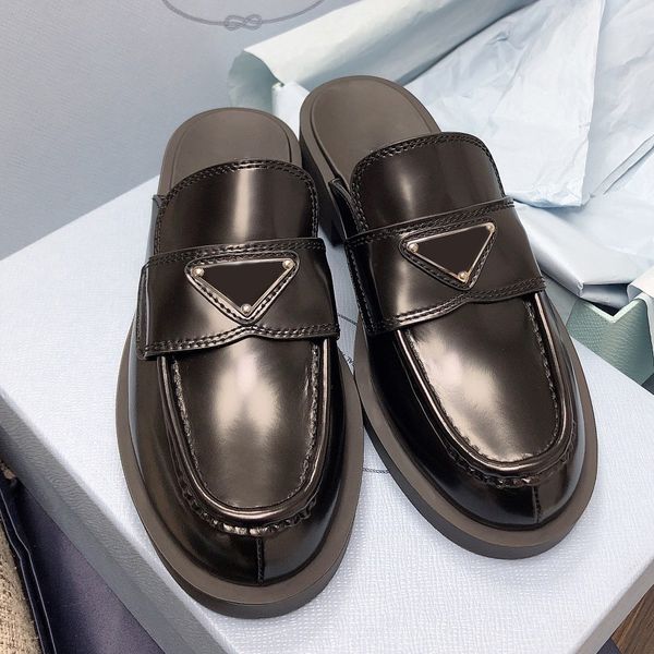 

designers novelty slippers classic triangle buckle decoration womens shoes 100% open bead cowhide casual flat slides size 35-41 fashion slip, Black