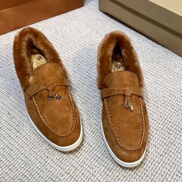 

lp piana winter charms walk suede loafers moccasins shearing wool genuine leather slip on flats women and men luxury designers dress couple, Black
