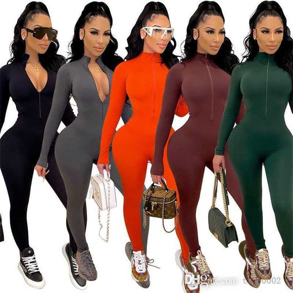 

autumn winter new womens fashion sports jumpsuits leisure tight long sleeve conjoined pants zipper rompers bodycon capris, Black;white