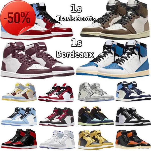 

boots jumpman 1 basketball shoes og high 1s unc patent leather hyper royal mocha homage to university blue sport designer sneakers trainers, Black