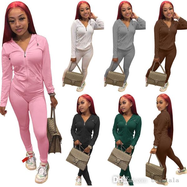 

retail autumn tracksuits woman solid color zipper two piece jogger sets leisure slim elastic long sleeve jackets clothing, Gray