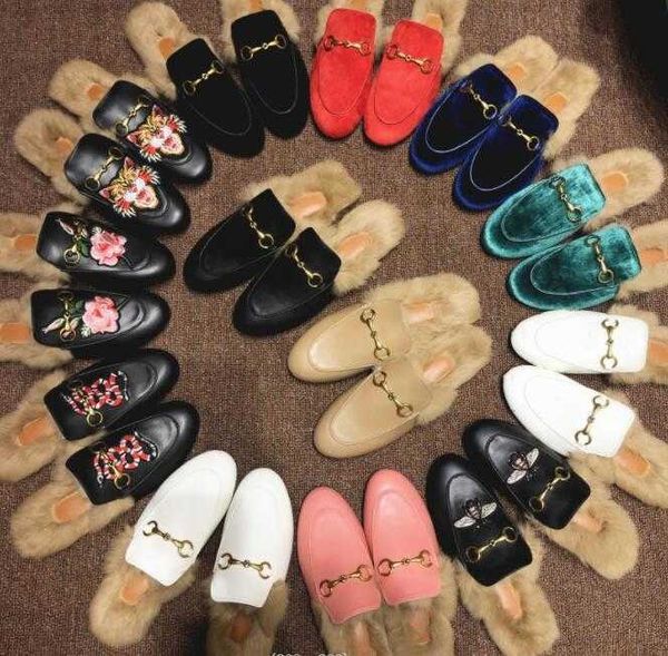 

loafers slippers sandals half slipper pattern slides autumn winter warm wool classic metal buckle embroidery sponge slippers cotton, Black