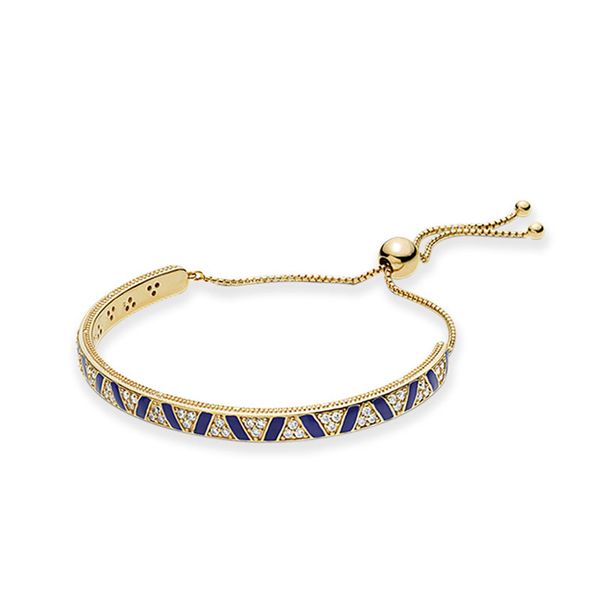 

blue stripes and stones slider bracelet set with original box for pandora yellow gold plated wedding jewelry for women girls real sterling s, Golden;silver