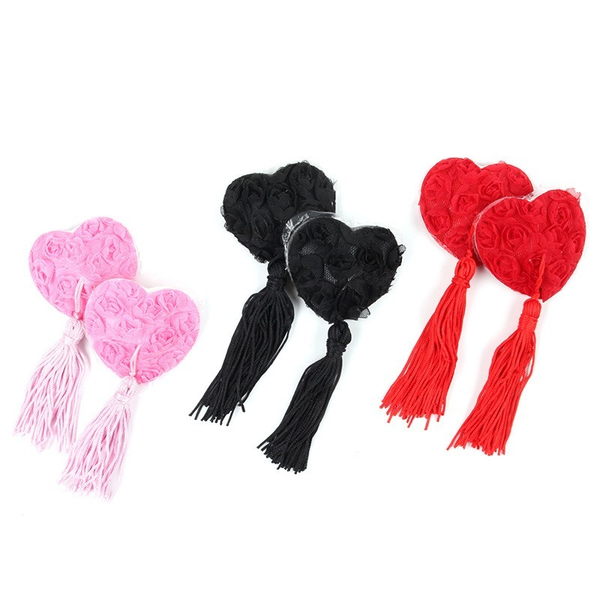 

costumes candiway rose heart-shaped reusable self-adhesive nipple sticker with tassel cover breast toys for women tools co, Black