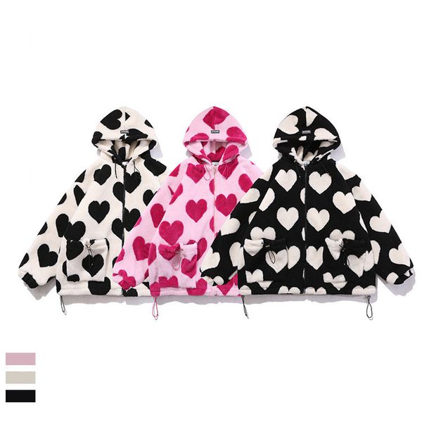 

fur harajuku heart full print plush jacket women winter korean loose long sleeve hooded, Black