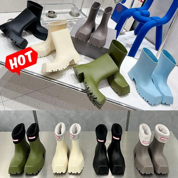 

22ss trooper rubber boot chunky design square toe warm inner sleeve shape rainboot high platform thick toothed outsole fashion party designe, Black