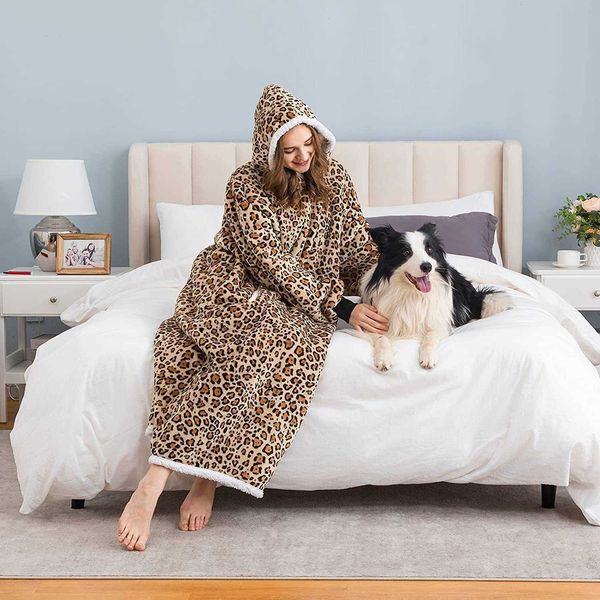 

others apparel leopard print super long flannel blanket with sleeves winter oversized hoodies sweatshirt unpullover giant blanket hoodie t22, Black;white