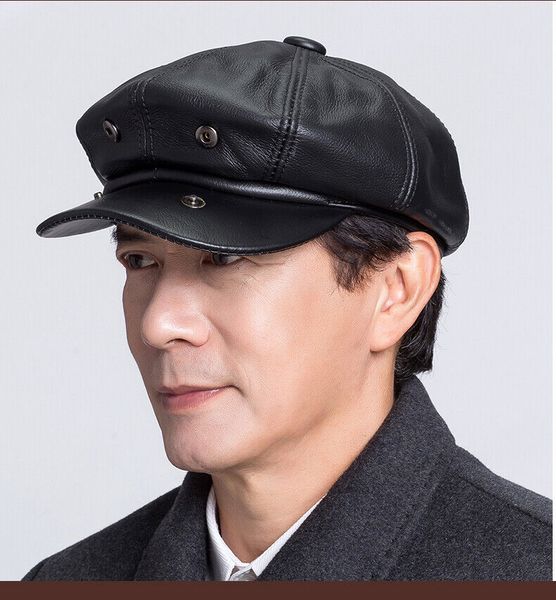 

men's real calfskin hat winter warm peaked cap beret black yellow coffee, Blue;gray