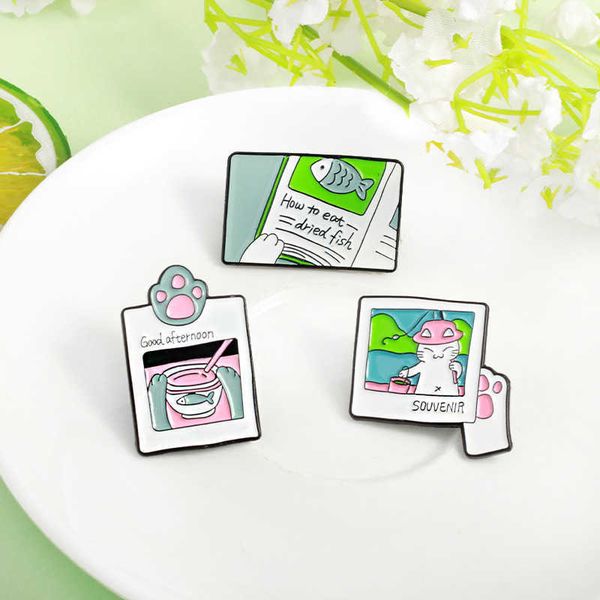 

fashion cartoon cat fishing happy afternoon tea see picture book how to eat dried fish cute combination brooch, Gray
