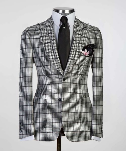 

two piece fashion houndstooth wedding tuxedos men suits custom made jacket glen plaid polyester two button tuxedos peaked lapel blazer busin, Black;gray