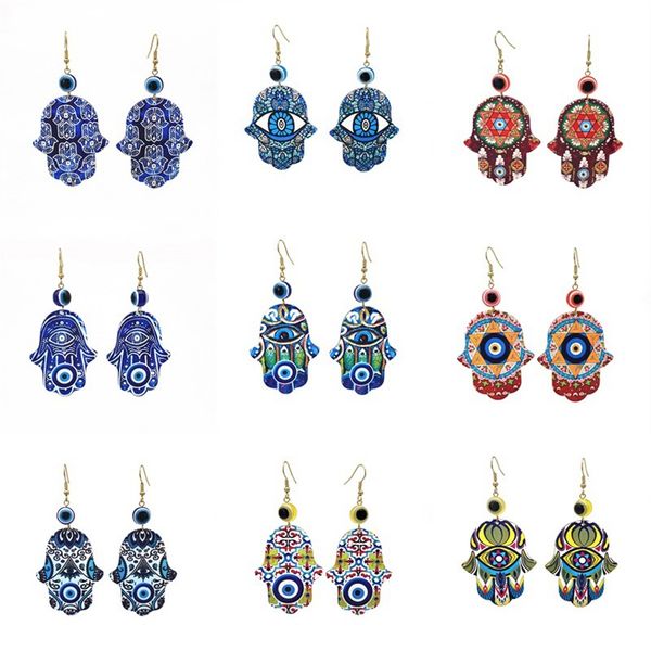 

s3268 vintage fatima large palm painted dangle earrings blue eyes for women acrylic evil eye earrings, Silver