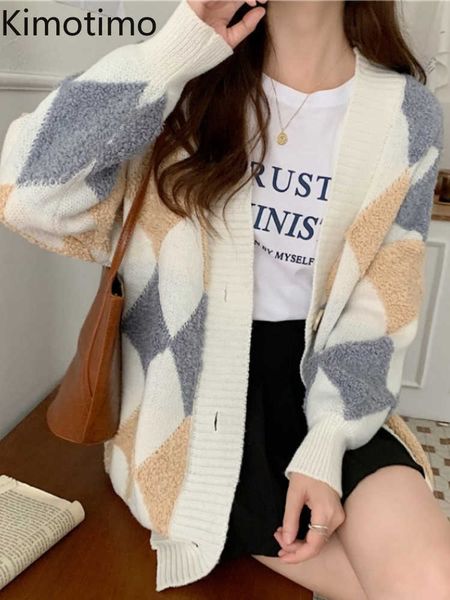 

women's sweaters kimotimo argyle plaid knitted vest women 2022 autumn winter contrast color loose sweater jacket french retro long slee, White;black