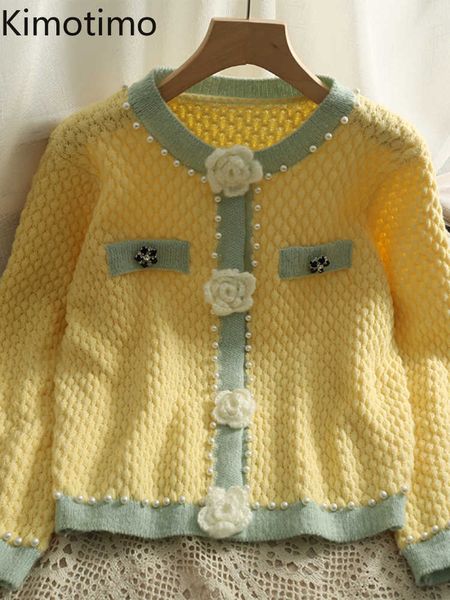 

women's sweaters kimotimo beaded knitted jacket women autumn colorblock three dimensional flower vest korean chic loose heavy industry, White;black