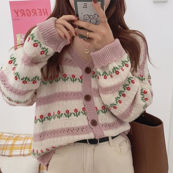 

2021 autumn new women long sleeve knitted cardigans casual floral sweaters loose knitwear cardigan sweater, White;black