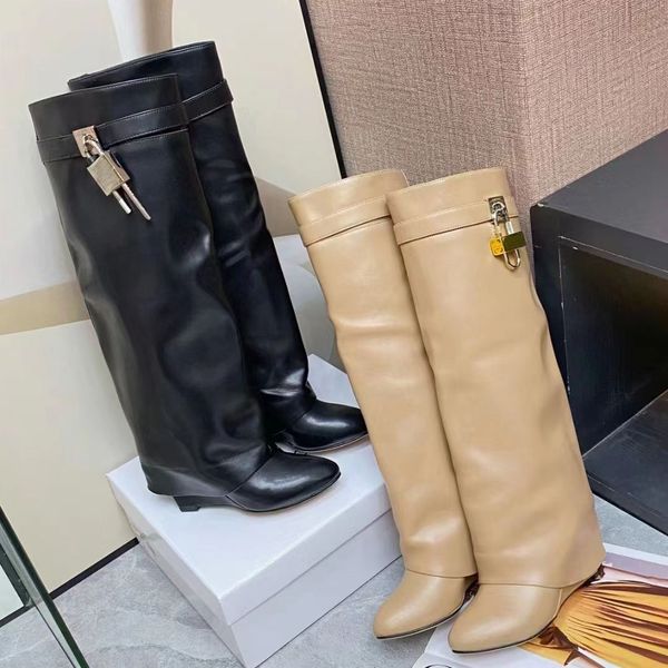 

desinger booties shark lock boots knee boots genuine leather women shoes silver gold finish asymmetric metal padlock covered wedge almond to, Black