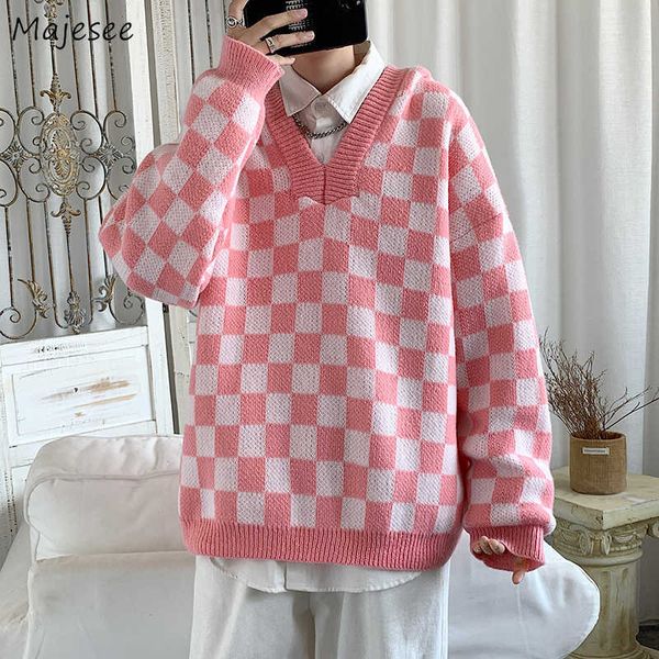 

men's sweaters hooded pullovers men plaid v-ne cheered college casual sweater i winter loose ins knitwear male all-match couple g221018, White;black