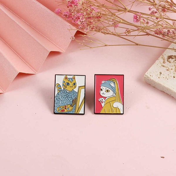 

fashion art van gogh oil painting series alloy brooch cute cat concentrates on painting trend badge, Gray