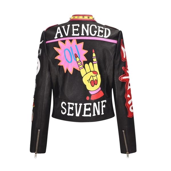 

women's autumn and winter new rock punk personality gesture pattern printing badge embroidery rivets short leather jacket spot, Black