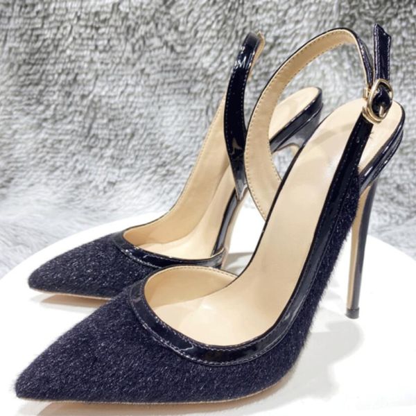 

dark blue hairy flock women shoes luxury red bottoms pointed toe backless d'orsay high heel shoe elegant stiletto pumps red soles comfo, Black