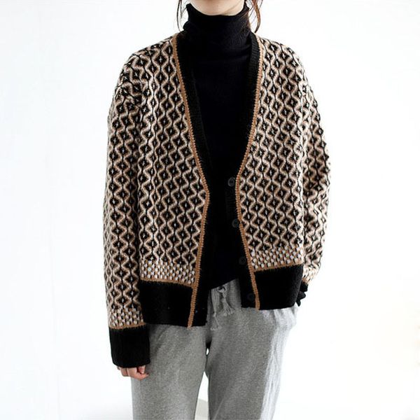 

autumn winter women cardigan elegant plaid pattern knitted sweater fashion long sleeve loose cardigans outerwear chaqueta, White;black