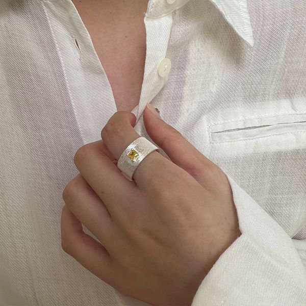 

100% 925 sterling silver wide open band rings for women shining yellow cz zircon adjustable ring wedding party gifts