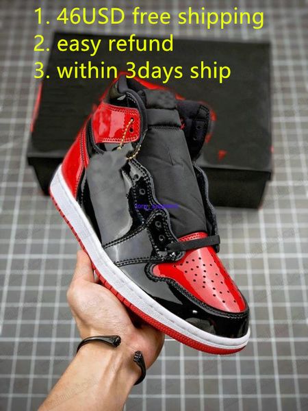 

easy refund 46usd 2022 1 retro high og bred patent 1s shoes mens patents leather black and red toes women sports sneaker running trainers