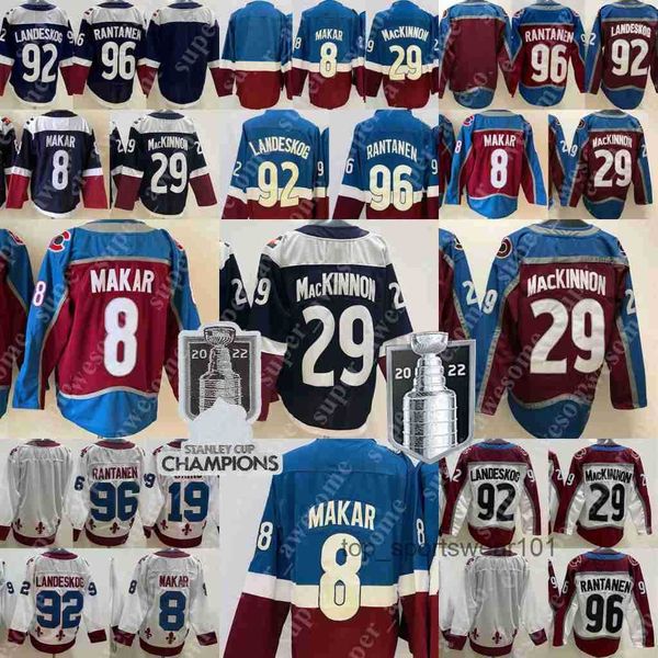 

fans tees men 2022 champions 8 cale makar jersey mikko rantanen gabriel landeskog nathan mackinnon 19 joe sakic hockey jerseys red white na, Black