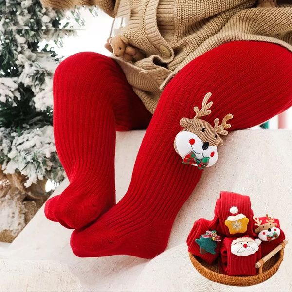 

christmas baby socks stockings knee high winter warm cartoon xams santa tree deer snowflake red new year leggings tights pantyhose casual fo, Pink;yellow