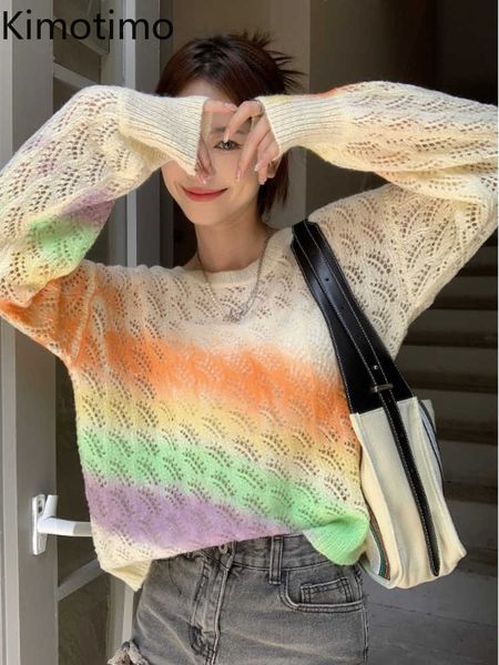 

women's sweaters kimotimo colorful tie dye sweater women 2022 autumn hollow round neck sweater korean chic fashion design lazy knitted, White;black