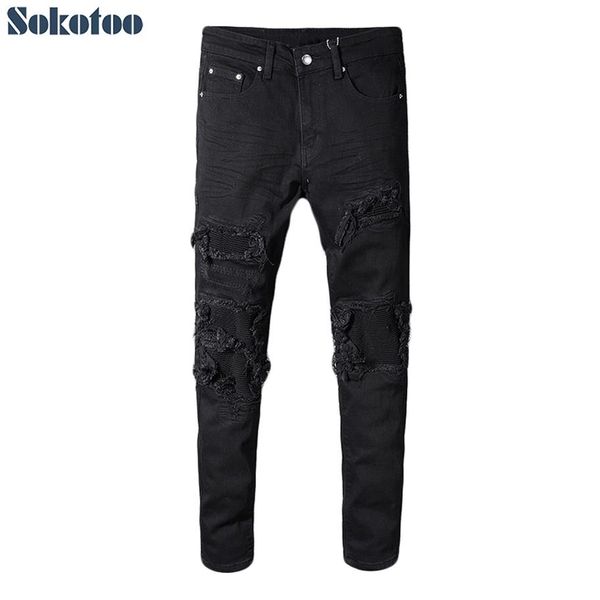 

sokotoo men's black patchwork stretch denim biker jeans for motorcycle slim fit skinny ripped pencil pants352l, Blue