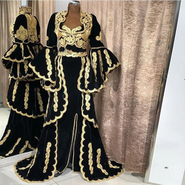 

kosovo albanian black gold evening dresses with long sleeve 2023 lace floral vestidos occasion prom formal gowns outfits vestido de fiesta, Black;red