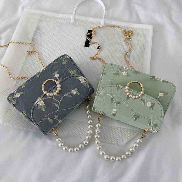 

evening bag women pu net yarn flower embroidery shoulder bags messenger vintage pearl chain handbags female fashion flap crossbody y220614