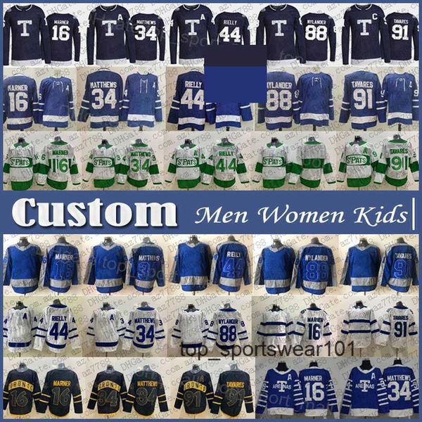 

fans tees 91 john tavares custom men women kids hockey jersey 34 auston matthews 16 mitchell marner 88 william nylander 8 jake muzzin morga, Black