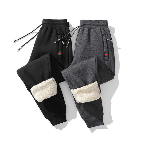 

thickened trousers men's simple waist guard pants warm lamb cashmere pants in winter, Black