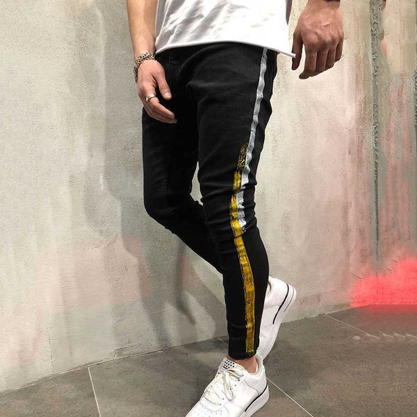 

men's jeans ripped denim male skinny slim fit pencil pants hip hop trousers with holes, Blue