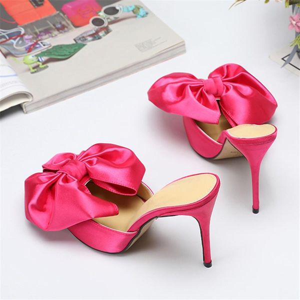 

sweet big shoe butterfly-knot pink satin slippers women pointed toe 10cm thin high heel shoes catwalk stiletto mules for women, Black