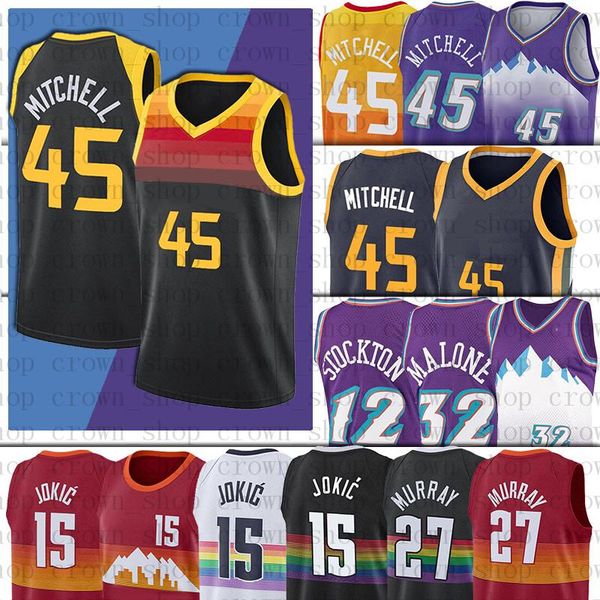 

donovan 45 mitchell basketball jerseys john malone stockton karl malone nikola jamal jokic murray utahs jazzs denvers nugget, Black