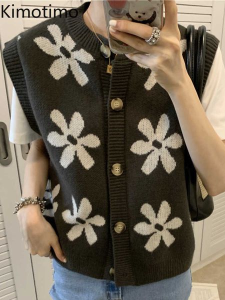 

women's sweaters kimotimo printed knitted vest women 2022 autumn outfit single breasted sweater vest french retro round neck loose vest, White;black