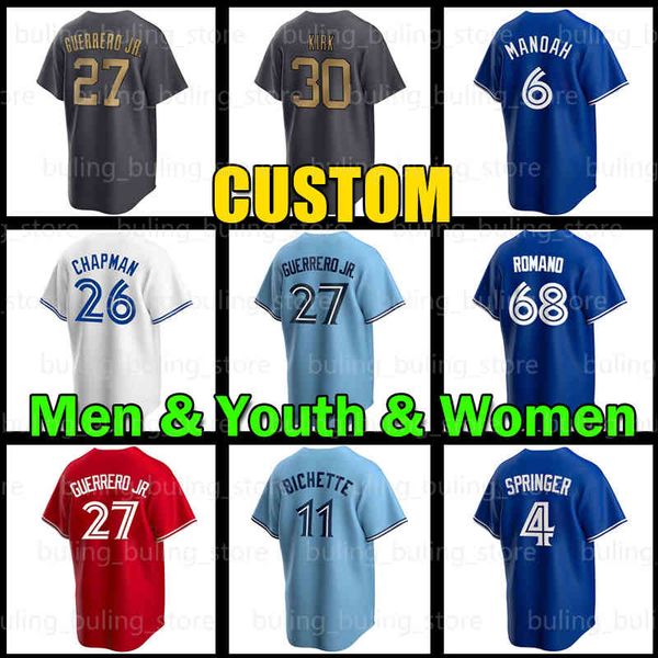 

27 vladimir guerrero jr. baseball jersey 11 bo bichette toronto 4 george springer matt chapman blue jays alejandro kirk 6 alek manoah romano, Blue;black